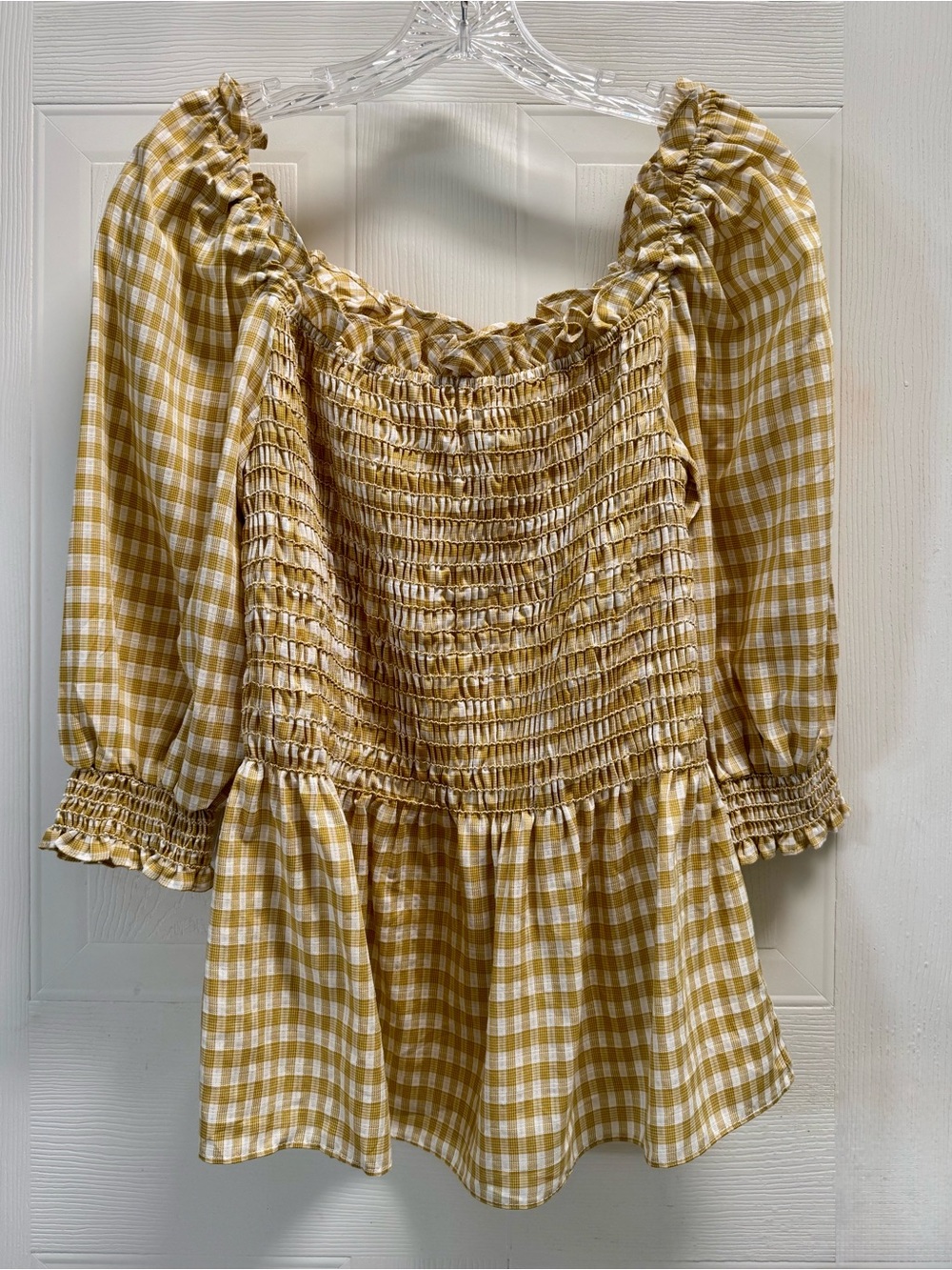Max Studio Yellow Gingham Smocked Peplum Balloon Sleeve Blouse L NWT